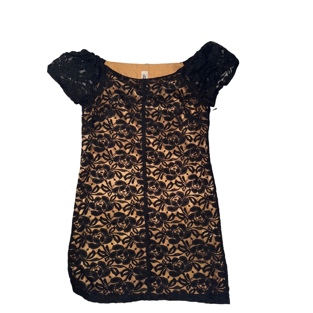 Sunhee Black Floral Lace  Off Shoulder Dress‎ Black with Gold Lining Size 16 NEW
